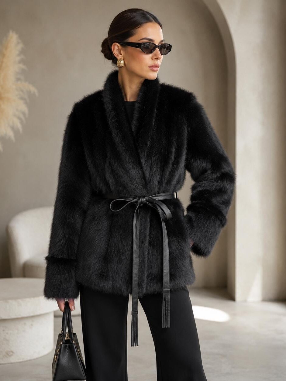 Black belted reversible Spanish lamb fur toscana coat, studio shot beside pampas grass